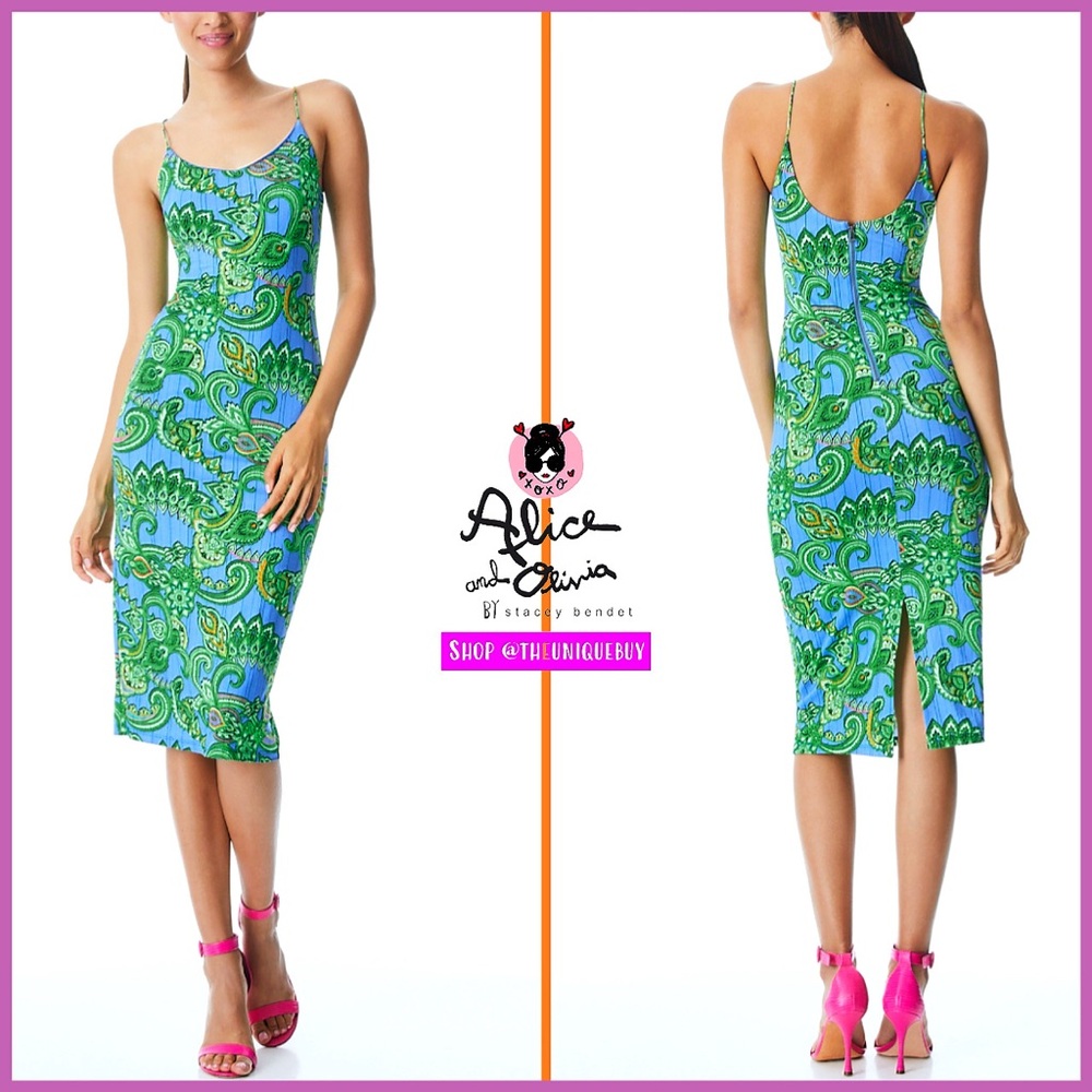 Alice + Olivia Delora Blue Green Paisley Spaghetti Strap Midi Dress - Picture 4 of 16